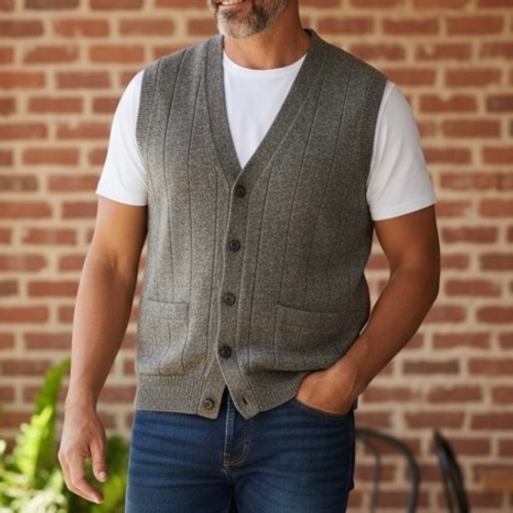 VintageJantzen Sport Men's Grey 100% Wool V-Neck Button Front Vest Sweater M EUC
